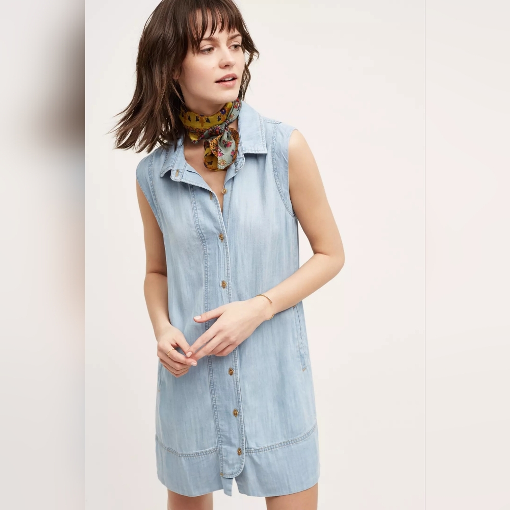 Anthropologie Cloth And Stone Parkside Chambray Button Up Shirt Dress, Size XS